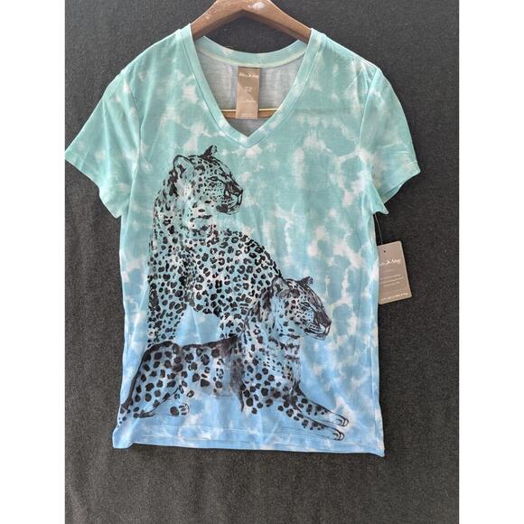 Women's V Neck Top Tee SZ S Cheeta Print Sublimation, , by White Stag,NWT . - Picture 1 of 8
